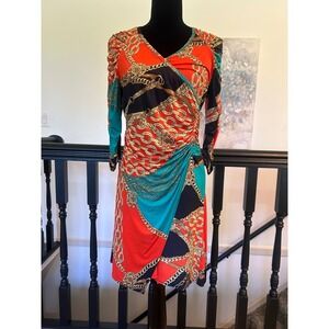 Cartise Women Red Teal Black Chain Scarf Print Faux Wrap Dress Size 10 Canada